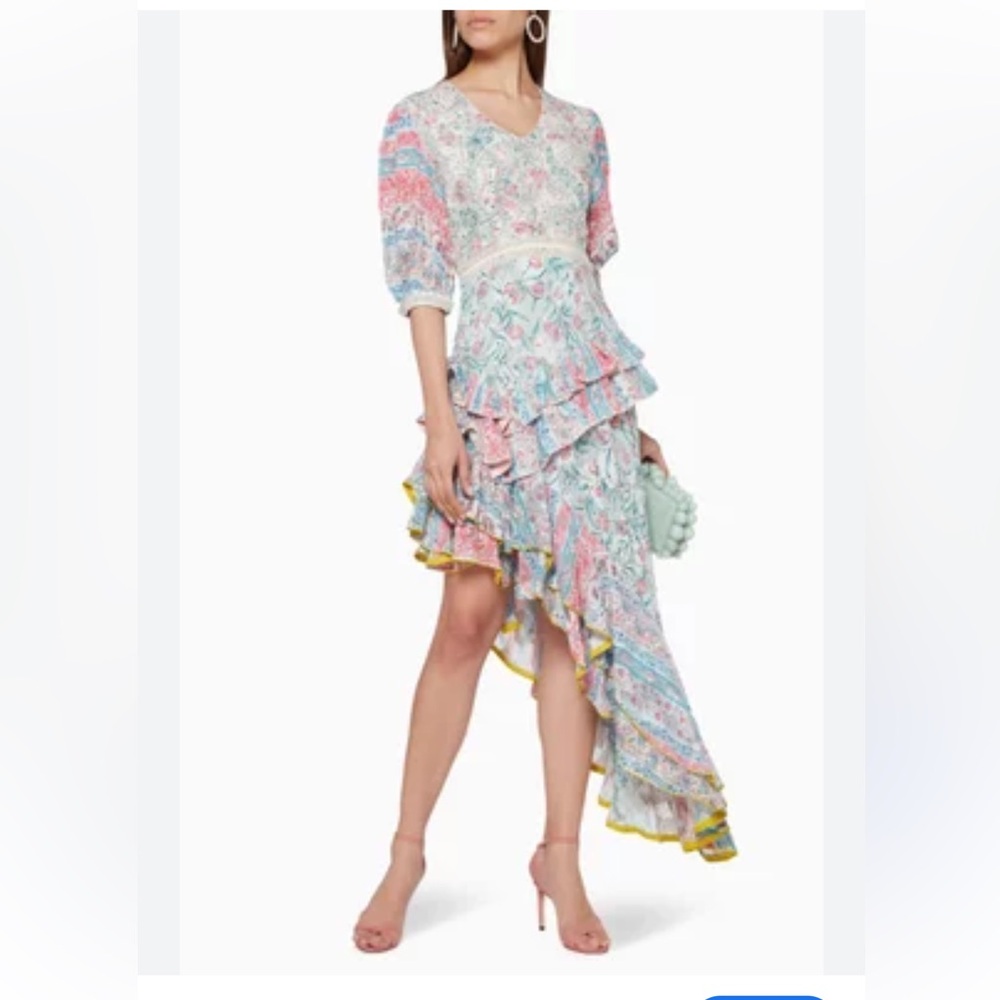 Hemant and Nandita Pastel Floral Asymmetrical Ruffle Dress with Yellow Trim